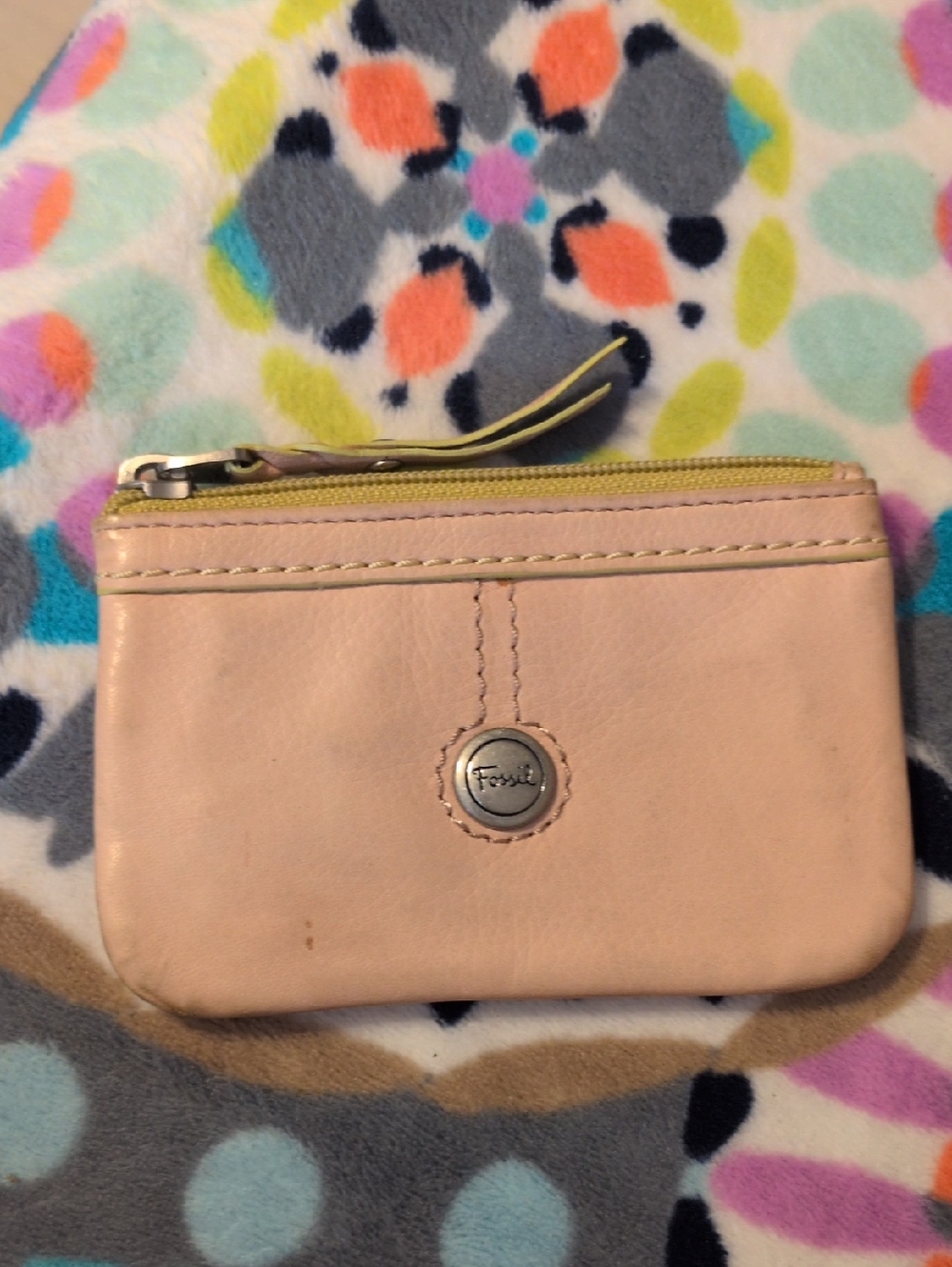 Fossil Light Pink Leather Zip Card Pouch with Yellow Trim
